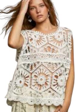 POL Beige Boho Crochet Lace Shell Top
